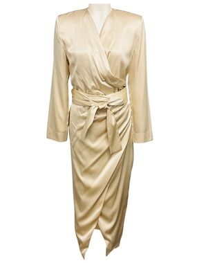 MATÉRIEL TBILISI CHAMPAGNE METALLIC STRUCTURED LONG SLEEVED SILK WRAP MIDI DRESS